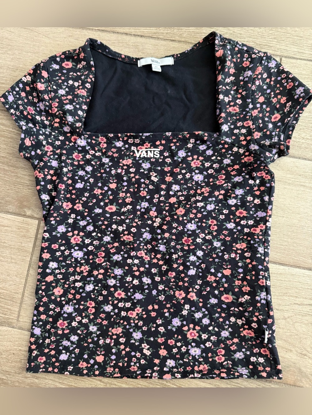 Vans Black Floral Square-Neck Top with Pink & Lavender Flowers